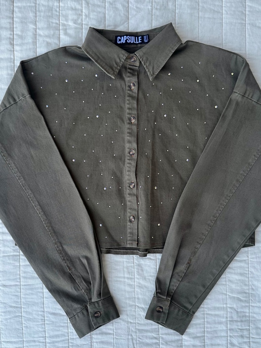 Capsule Cropped Button Down | Army Green | Rhinestone Detail | Size Small
